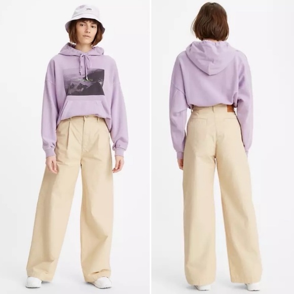 Levi’s High Loose Pants Pleated Khaki Chino Beige Tan Canvas Trousers Wide Leg - Picture 1 of 16